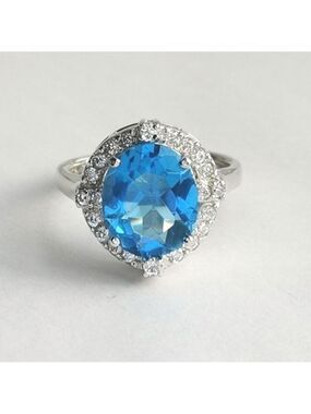 Swiss Blue Topaz white sapphire halo cocktail ring size 8